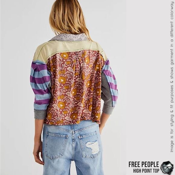 FREE PEOPLE HIGH POINT OVERSIZED BOHO PATCHWORK CROP TOP IN NIGHTTIME COMBO XS/S - Picture 13 of 15